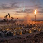 Desert oil field with data centre and gas flare