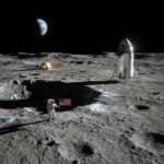 Astronaut planting flag on Moon near lunar lander