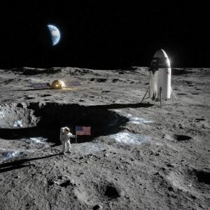 Astronaut planting flag on Moon near lunar lander