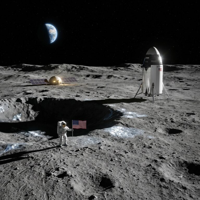 Astronaut planting flag on Moon near lunar lander
