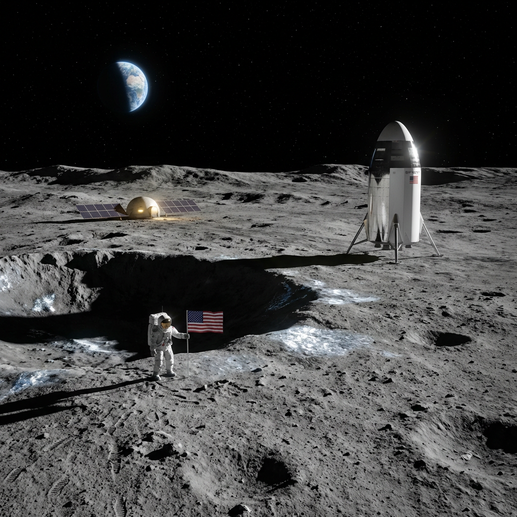 Astronaut planting flag on Moon near lunar lander