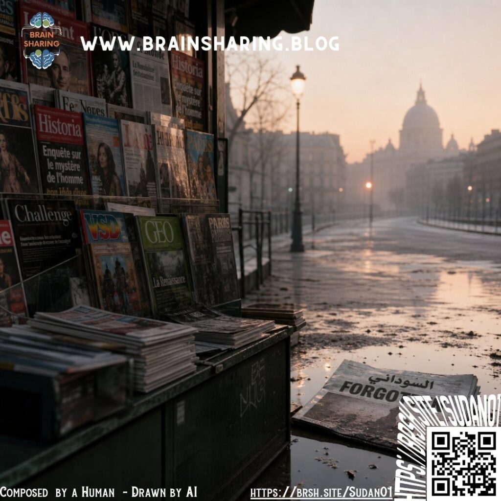 Paris newsstand at dawn with scattered newspaper