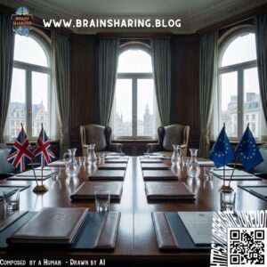 Konferenztisch mit UK- und EU-Flaggen