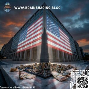 US-Flagge auf Regierungsgebäude mit Miniaturstadt und Geldscheinen