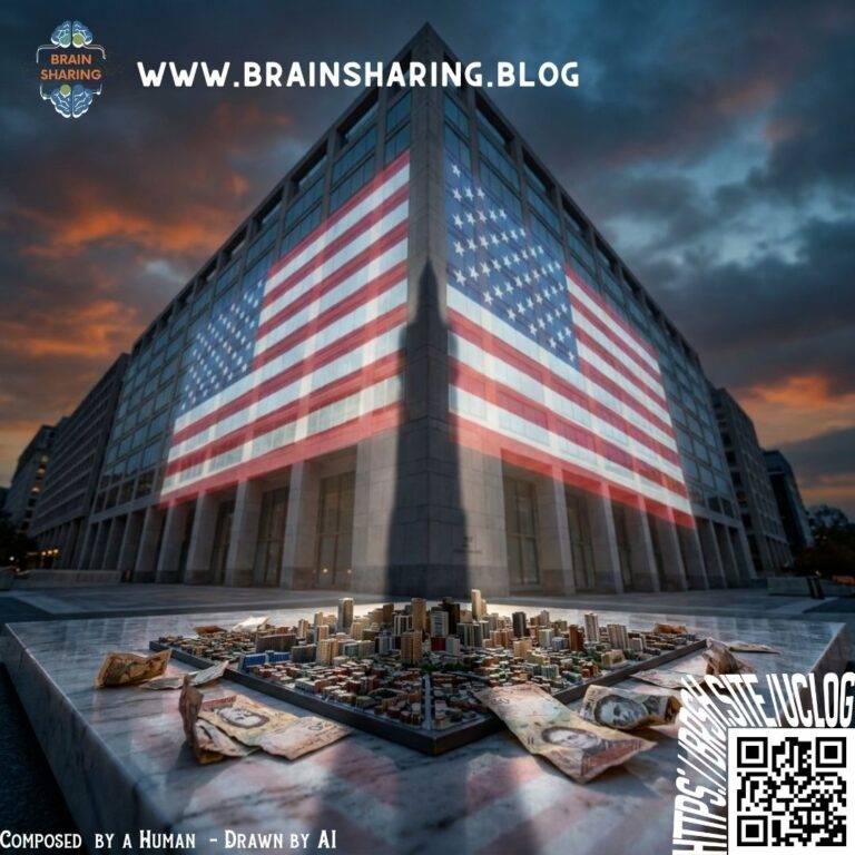 US-Flagge auf Regierungsgebäude mit Miniaturstadt und Geldscheinen