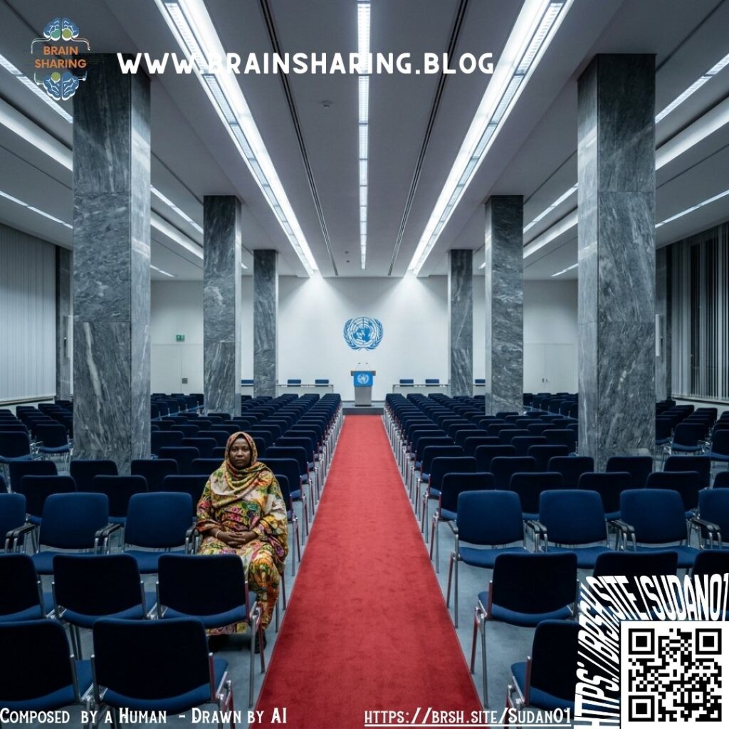 Woman sitting alone in empty UN conference hall