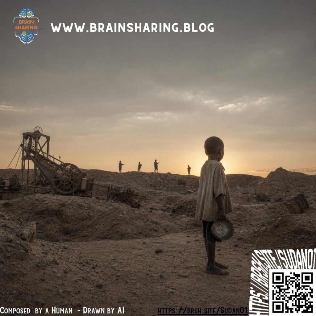 Child holding bowl in barren mining landscape at sunset