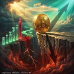 Bitcoin coin on cliff with rising price chart