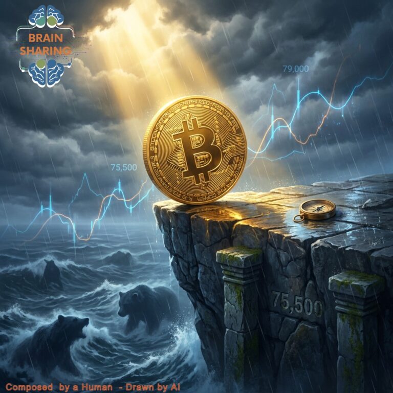 Bitcoin on cliff above stormy sea and bears