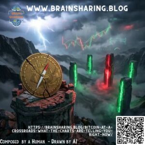Bitcoin compass overlooking stormy market landscape