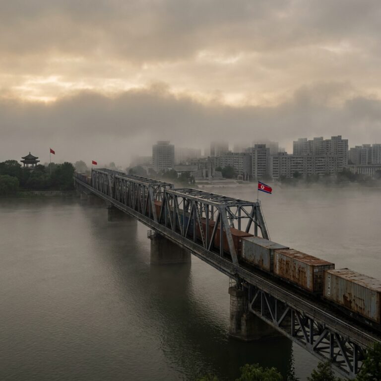 Freight train crossing bridge with North Korean flag
