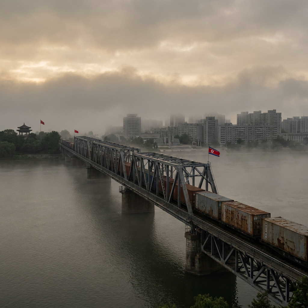 Freight train crossing bridge with North Korean flag