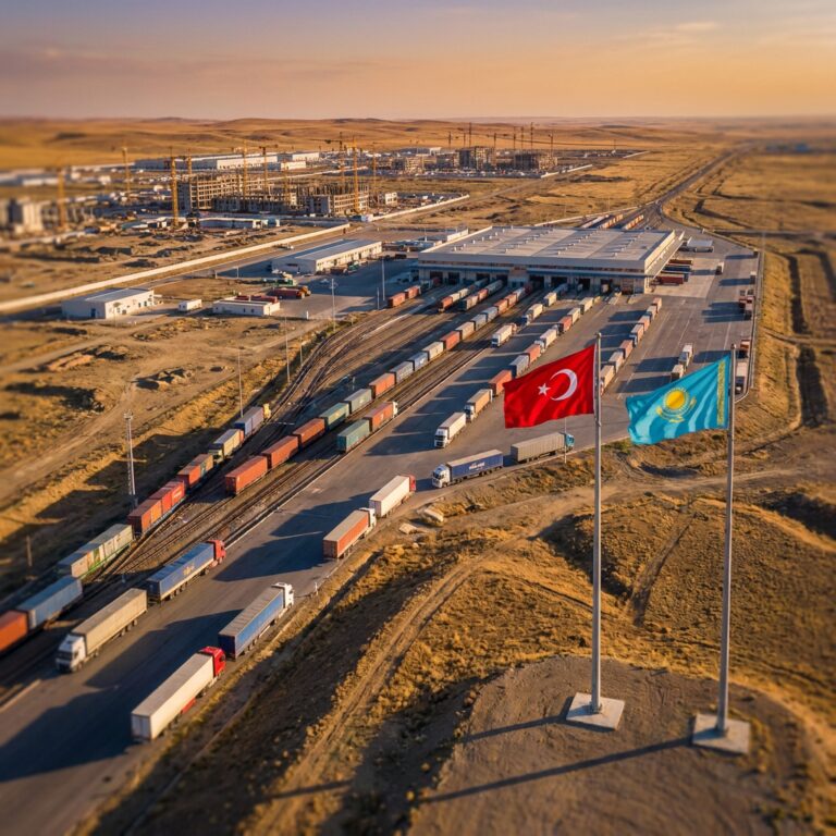 Logistics hub with Turkish and Kazakh flags and freight trains