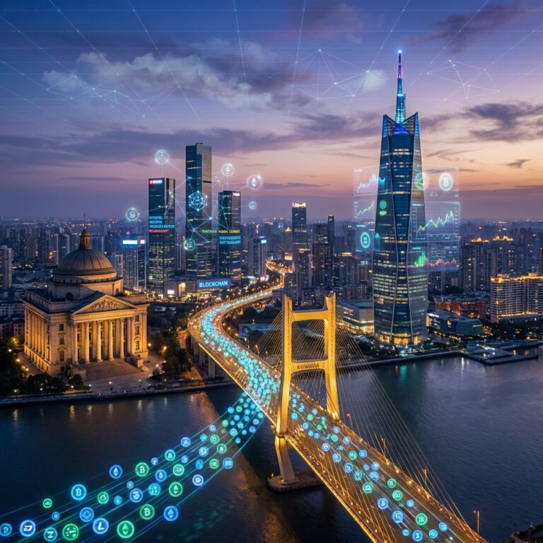 Futuristic city skyline with digital blockchain overlay
