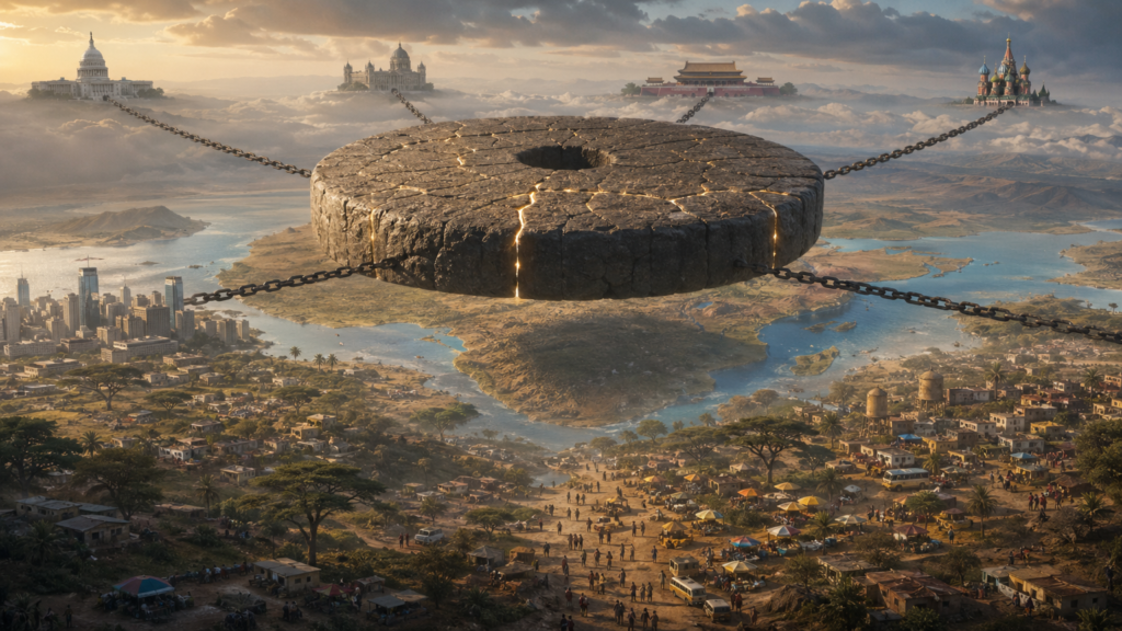 Floating stone disc chained to global landmarks
