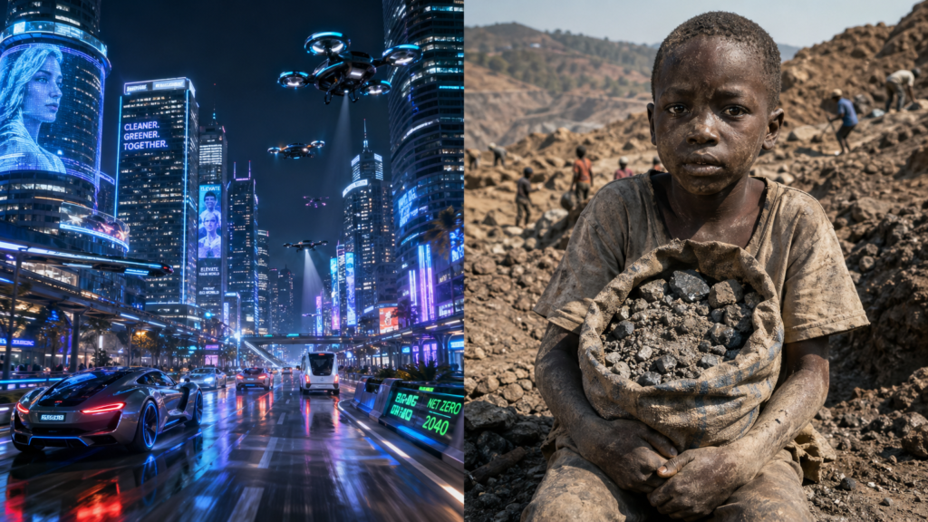 Futuristic cityscape contrasted with child in rocky landscape