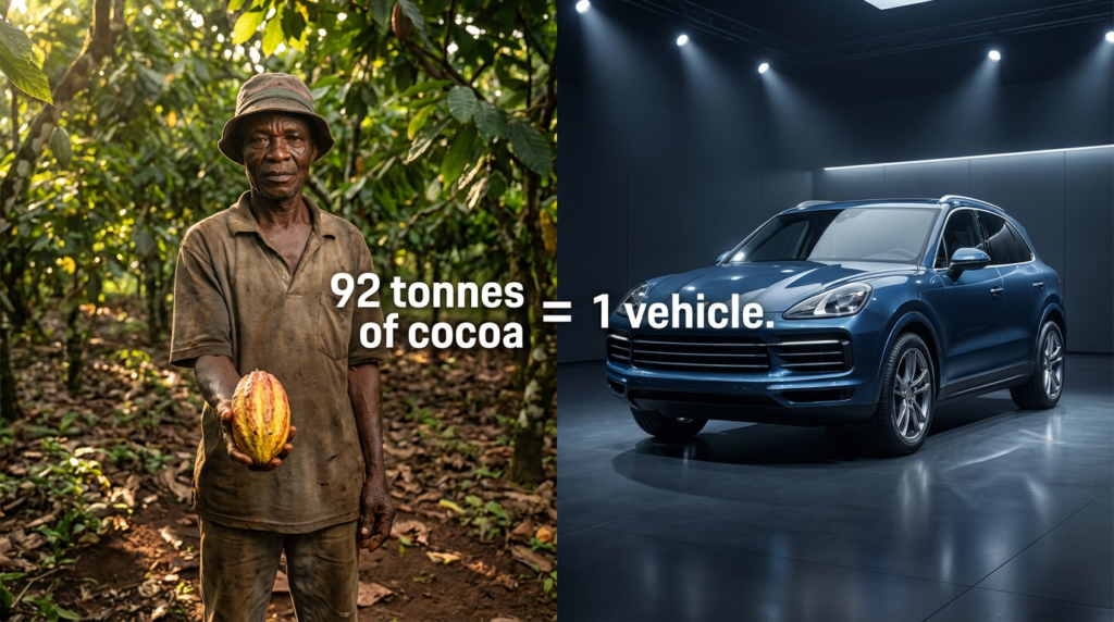 Cocoa farmer beside luxury SUV comparison graphic