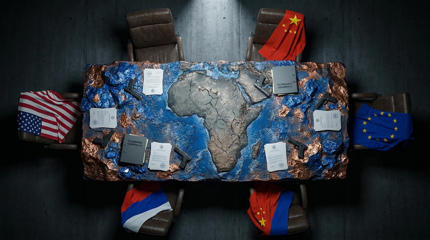 Geopolitical table with Africa map and national flags