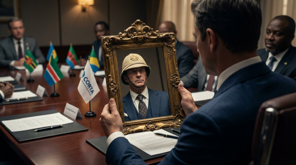 Man holding ornate frame reflecting colonial explorer image