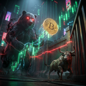 Bear and bull amid cryptocurrency trading screens