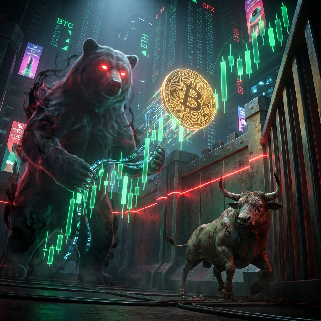 Bear and bull amid cryptocurrency trading screens