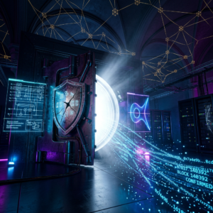 Coffre-fort futuriste protégeant données numériques lumineuses