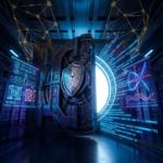 Futuristischer Tresor in Hightech-Rechenzentrum mit Datenanzeige