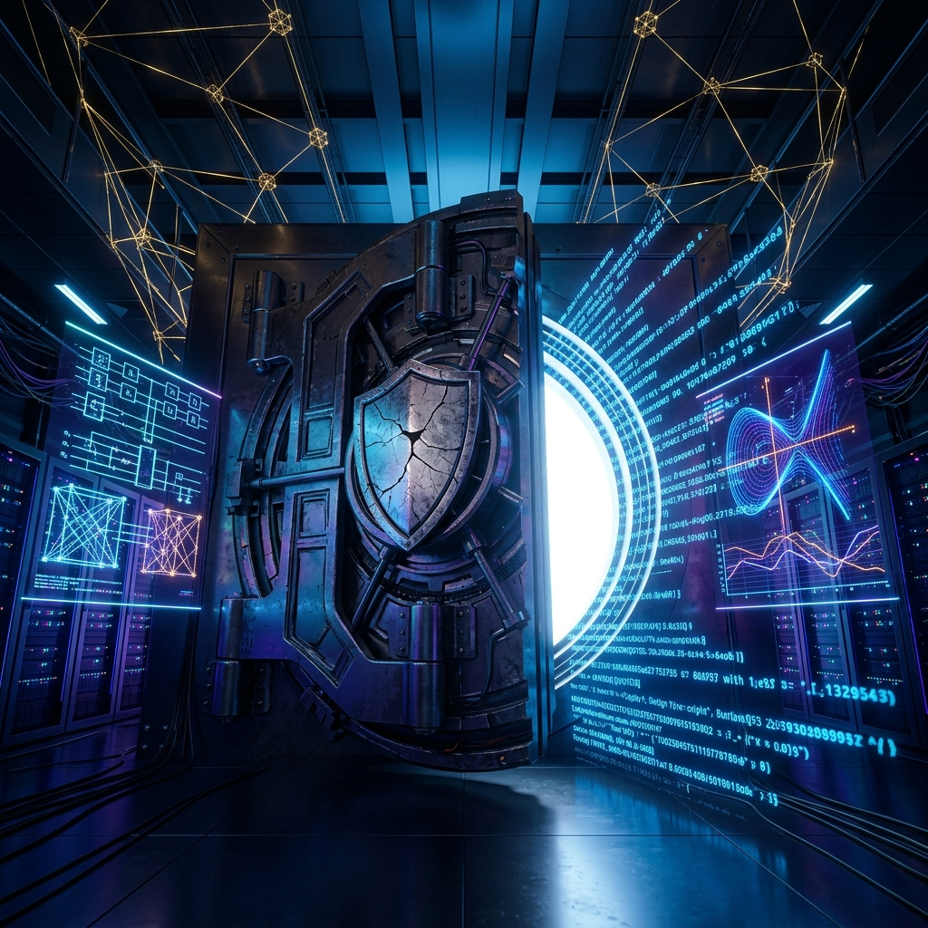 Futuristischer Tresor in Hightech-Rechenzentrum mit Datenanzeige