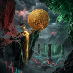 Bitcoin coin on cliff in stormy landscape