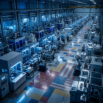 Moderne Fabrik mit Robotern und Produktionslinie
