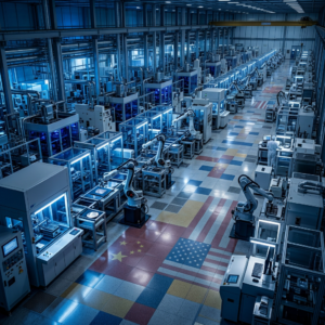 Moderne Fabrik mit Robotern und Produktionslinie