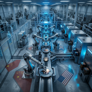 Usine high-tech avec robots manipulant des semi-conducteurs