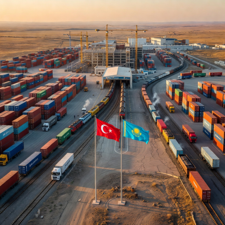 Plateforme logistique avec drapeaux turc et kazakh