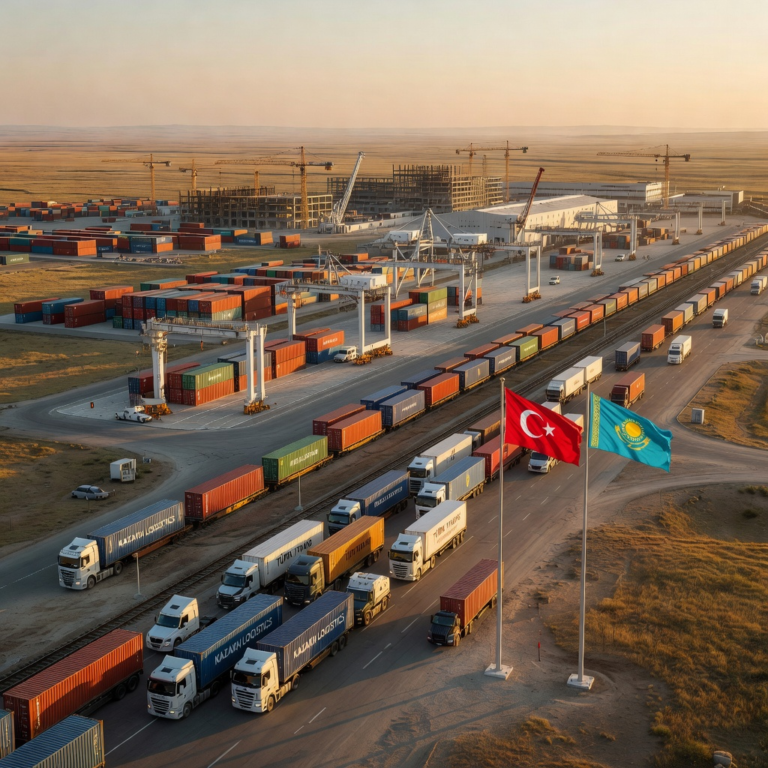 Logistikzentrum mit Containern, Zügen und LKWs