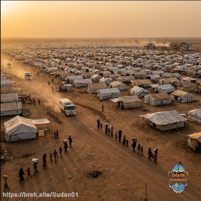 Gran campamento de refugiados en desierto al atardecer