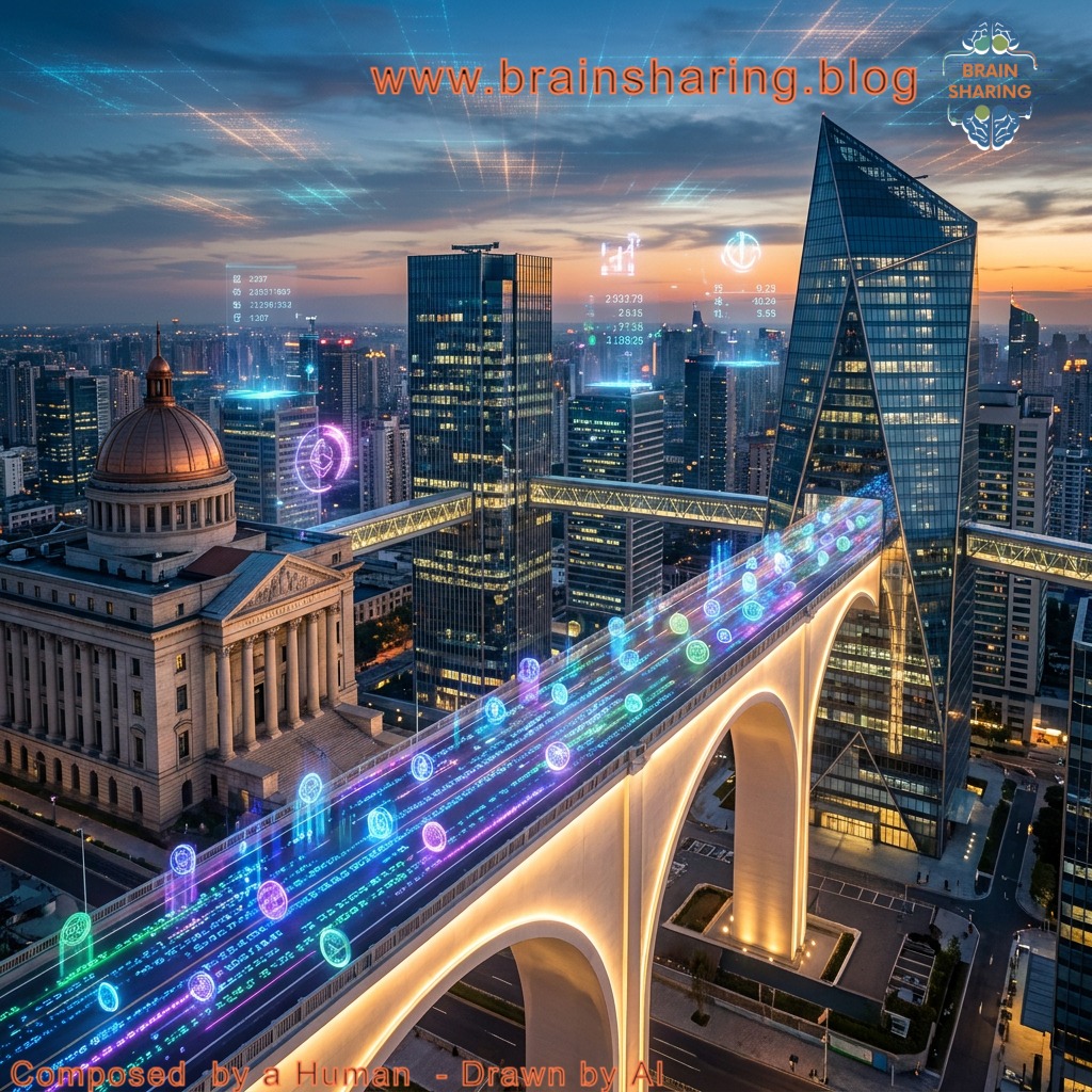Futuristic city skyline with digital data overlay