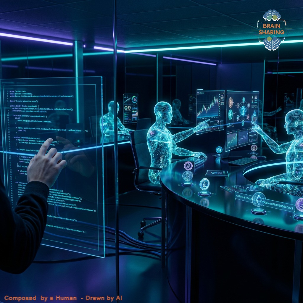Futuristic holographic humans analysing digital data screens