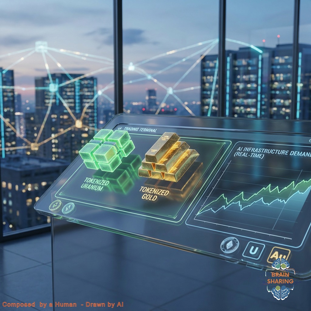 Futuristisches Trading-Terminal mit tokenisiertem Gold und Uran