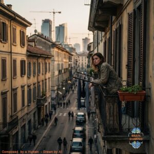 Woman on balcony overlooking narrow city street