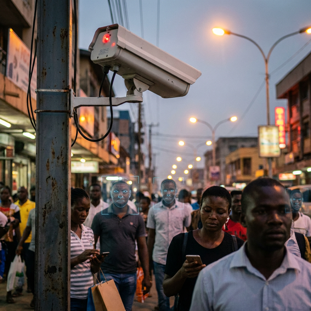 CCTV camera monitoring crowded city street pedestrians