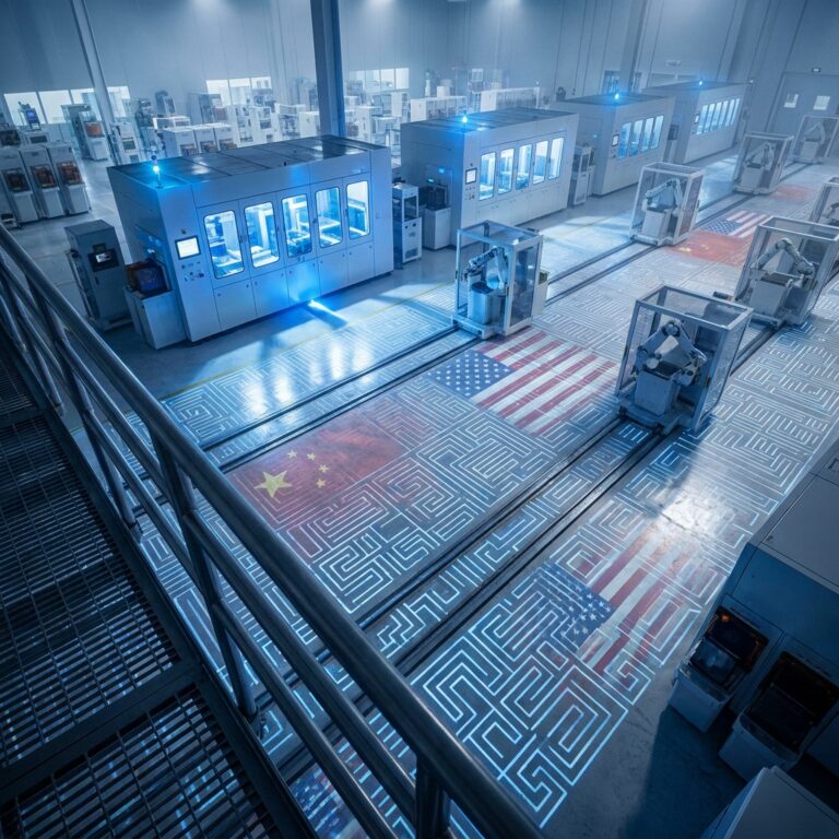 Robotic factory floor with US and China flags