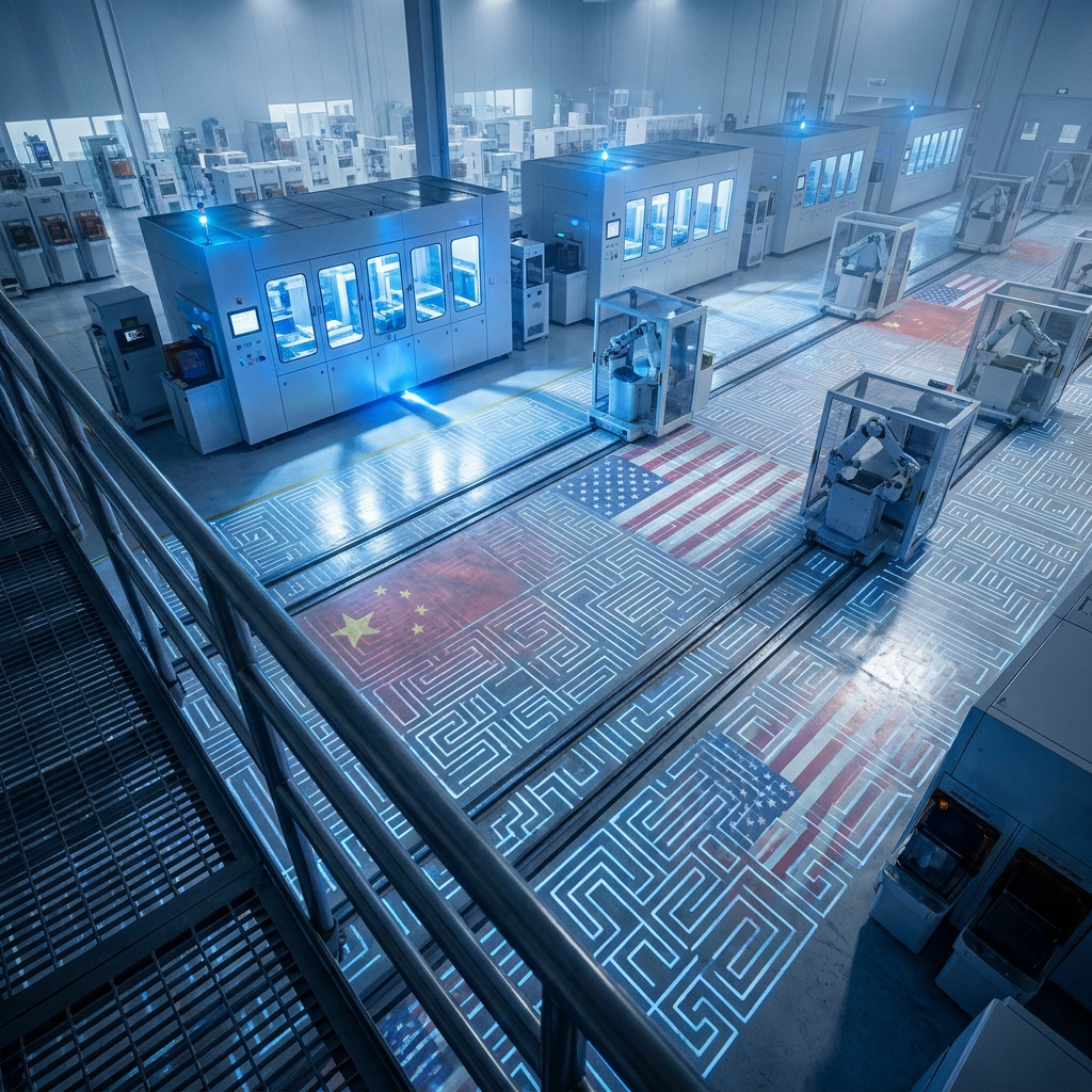 Robotic factory floor with US and China flags