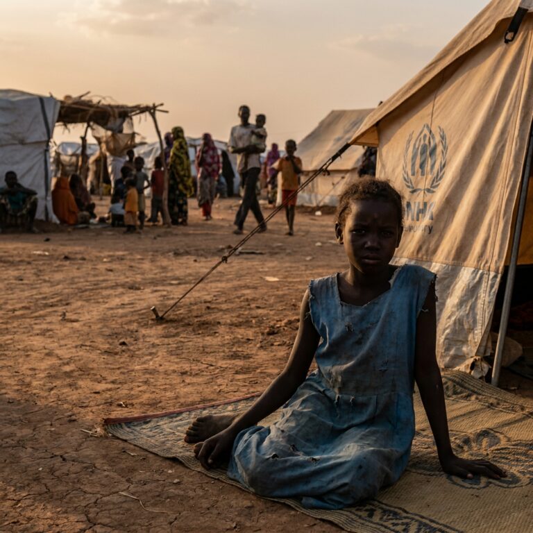 Girl sitting outside UNHCR tent in refugee camp