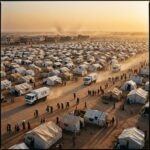Large refugee camp with UN aid trucks