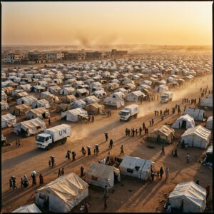 Large refugee camp with UN aid trucks