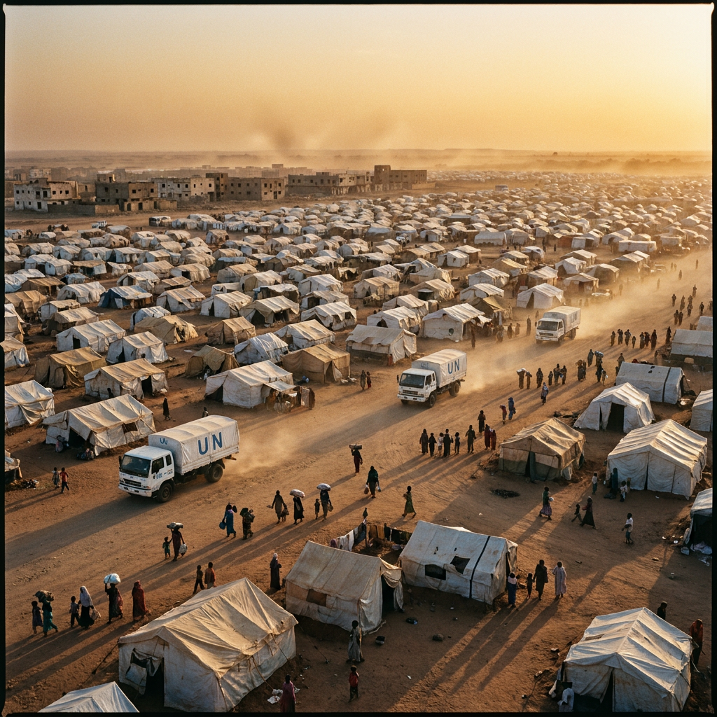 Large refugee camp with UN aid trucks