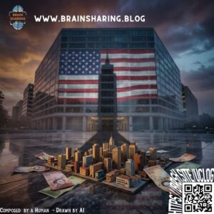 Office building with US flag and miniature city model