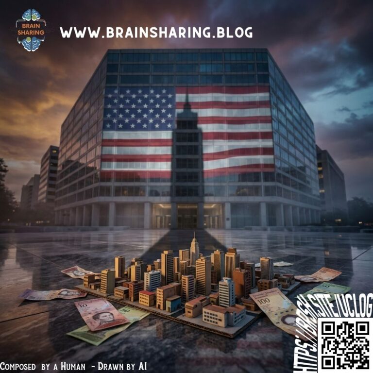Office building with US flag and miniature city model