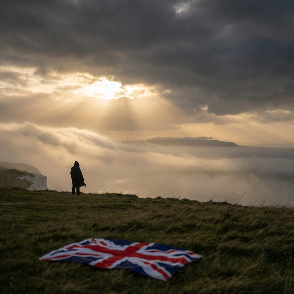 Silhouette on cliff with Union Jack at sunset