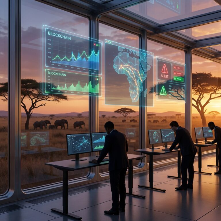 Futuristic office overlooking savannah with blockchain displays